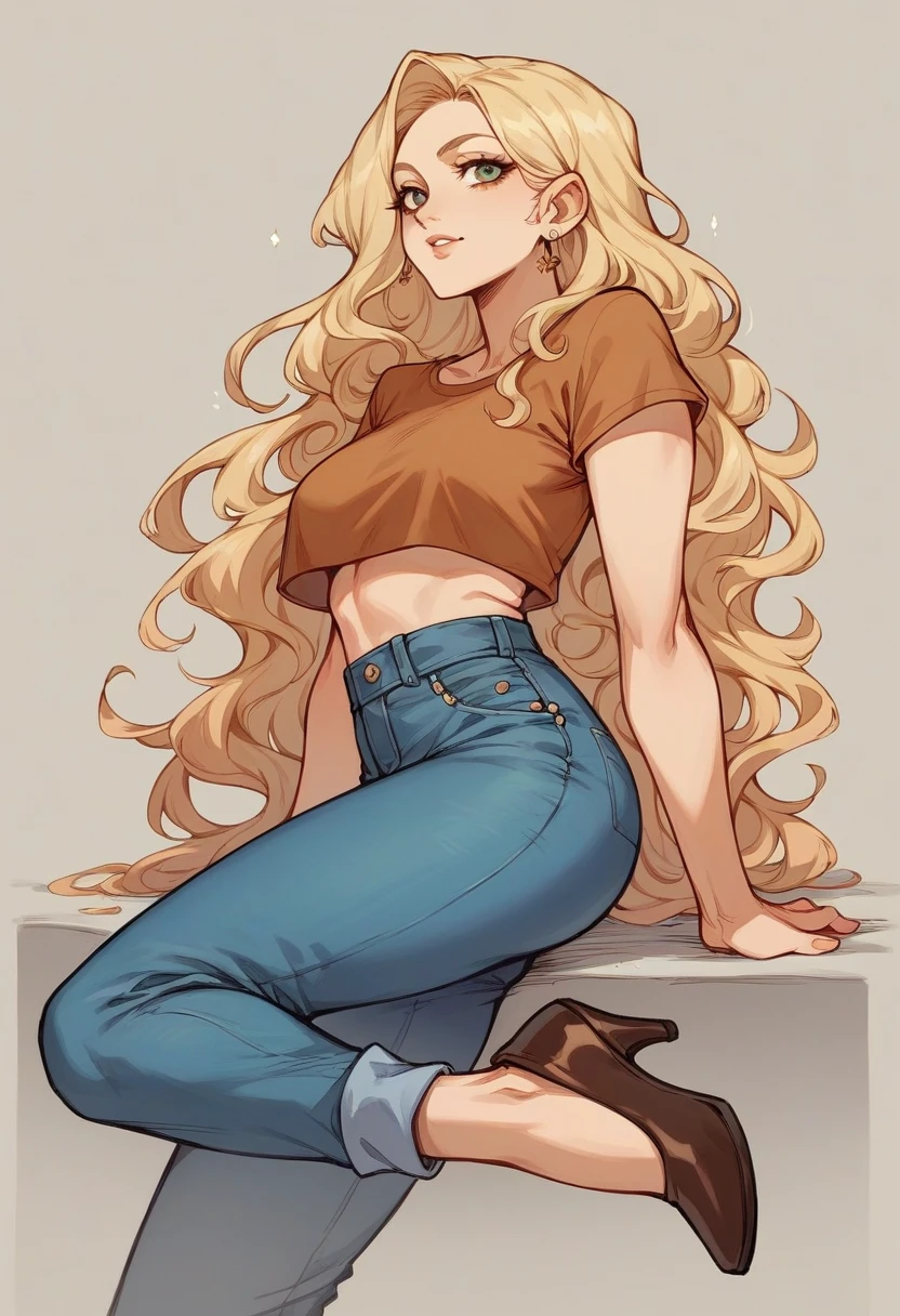 beautiful blonde woman, with brown locks of very long and wavy hair , au yeux vertd'origine espagnol , avec un joli visage doux , habiller d'un jeans et crop top, big tits with heels