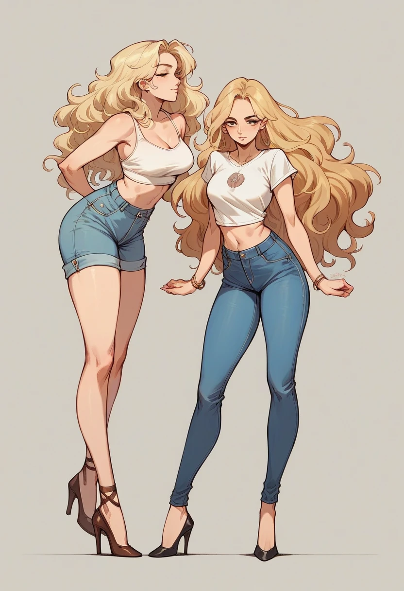 beautiful blonde woman, with brown locks of very long and wavy hair , au yeux vertd'origine espagnol , avec un joli visage doux , habiller d'un jeans et crop top, big tits with heels