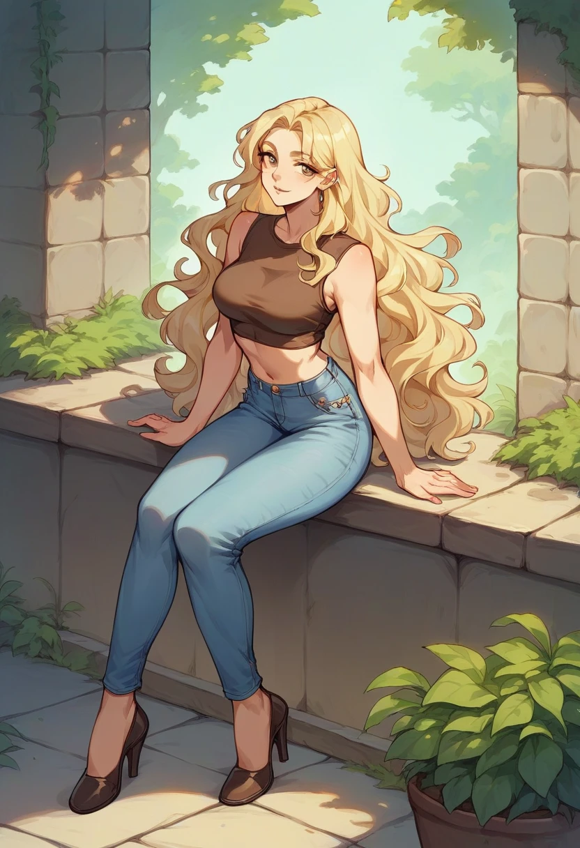 beautiful blonde woman, with brown locks of very long and wavy hair , au yeux vertd'origine espagnol , avec un joli visage doux , habiller d'un jeans et crop top, big tits with heels 