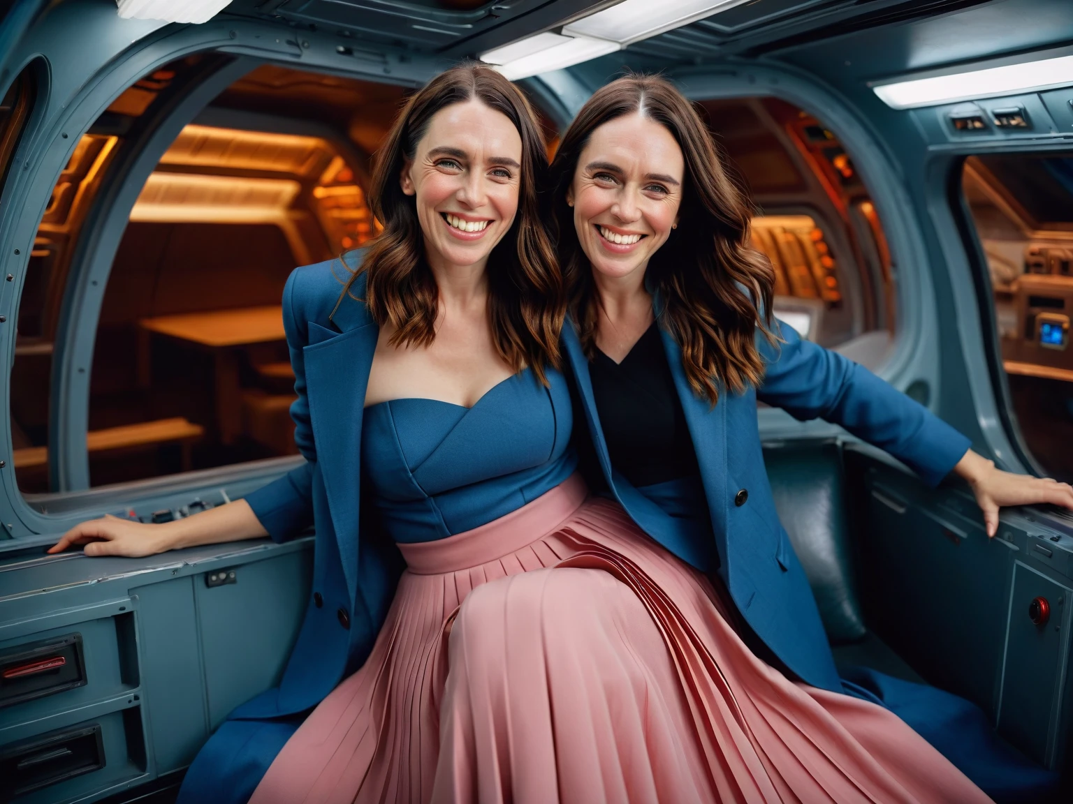 Insatiable Skirt lover and kind, shy woman Jacinda Ardern has Intense Orgasming love for her skirt, sitting and wearing (long pleated full circle skirt), uniform jacket and strapless low pump office shoes, (pronounced (feminine) features), (very windy), skirt is flowing wildly in the wind, inside a spaceship travelling through deep space, very, very intricate hyper-detailed symmetric (attractive graceful young feminine face) with (sad, tired eyes and a loving smile), very voluptuous breasts, full of empathy and compassion and love, (pronounced (feminine) features), (highly detailed ultra accurate realistic) hands and fingers, (windy), epic composition, highly detailed attributes, (35mm f1.4 Kodak portra 400 photograph), extremely high quality RAW photograph, highly detailed atmosphere, sci-fi, cinematic shot, dynamic lighting, 75mm, Technicolor, Panavision, cinemascope, sharp focus, fine details, 8k, HDR, realism, realistic, key visual, film still, superb cinematic color grading, depth of field