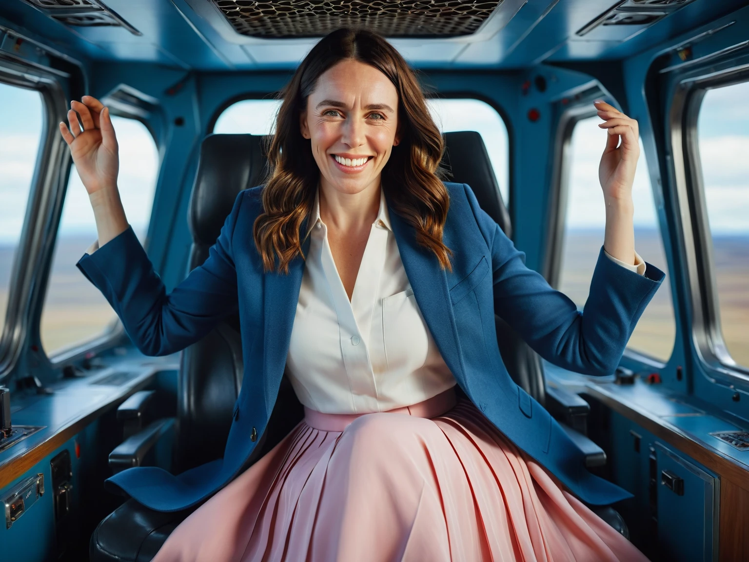 Insatiable Skirt lover and kind, shy woman Jacinda Ardern has Intense Orgasming love for her skirt, sitting and wearing (long pleated full circle skirt), uniform jacket and strapless low pump office shoes, (pronounced (feminine) features), (very windy), skirt is flowing wildly in the wind, inside a spaceship travelling through deep space, very, very intricate hyper-detailed symmetric (attractive graceful young feminine face) with (sad, tired eyes and a loving smile), very voluptuous breasts, full of empathy and compassion and love, (pronounced (feminine) features), (highly detailed ultra accurate realistic) hands and fingers, (windy), epic composition, highly detailed attributes, (35mm f1.4 Kodak portra 400 photograph), extremely high quality RAW photograph, highly detailed atmosphere, sci-fi, cinematic shot, dynamic lighting, 75mm, Technicolor, Panavision, cinemascope, sharp focus, fine details, 8k, HDR, realism, realistic, key visual, film still, superb cinematic color grading, depth of field