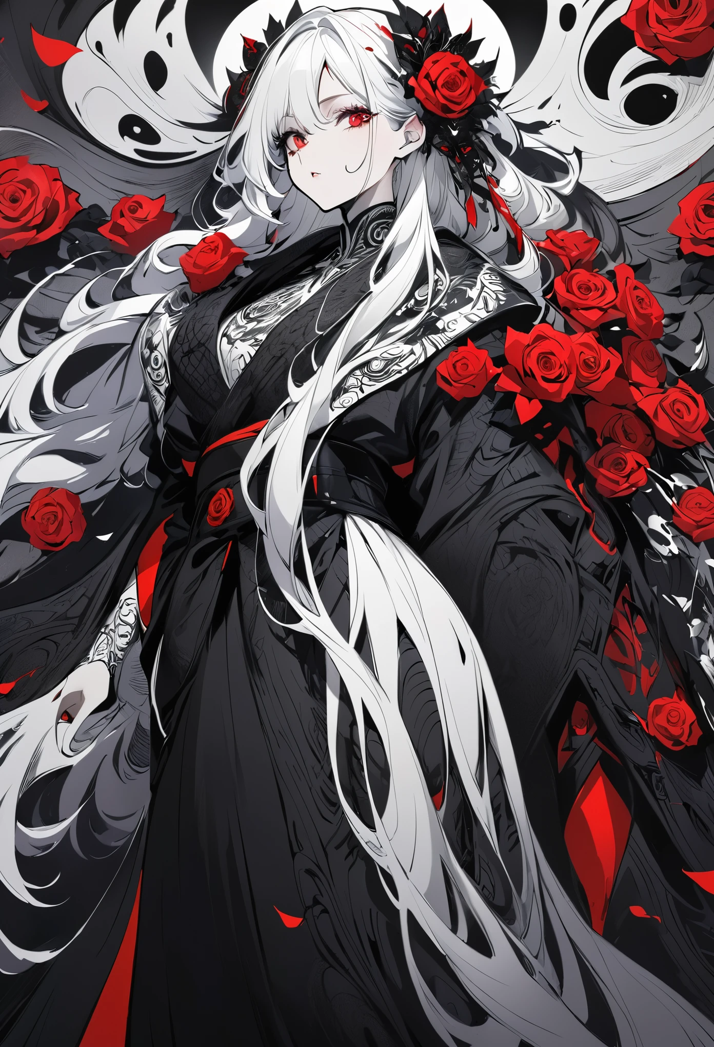 Hand drawn illustrations,Texture Noise,A woman,White long hair,Wearing a black robe with dark patterns,The body is supported by red roses,Strong contrast,Black and White