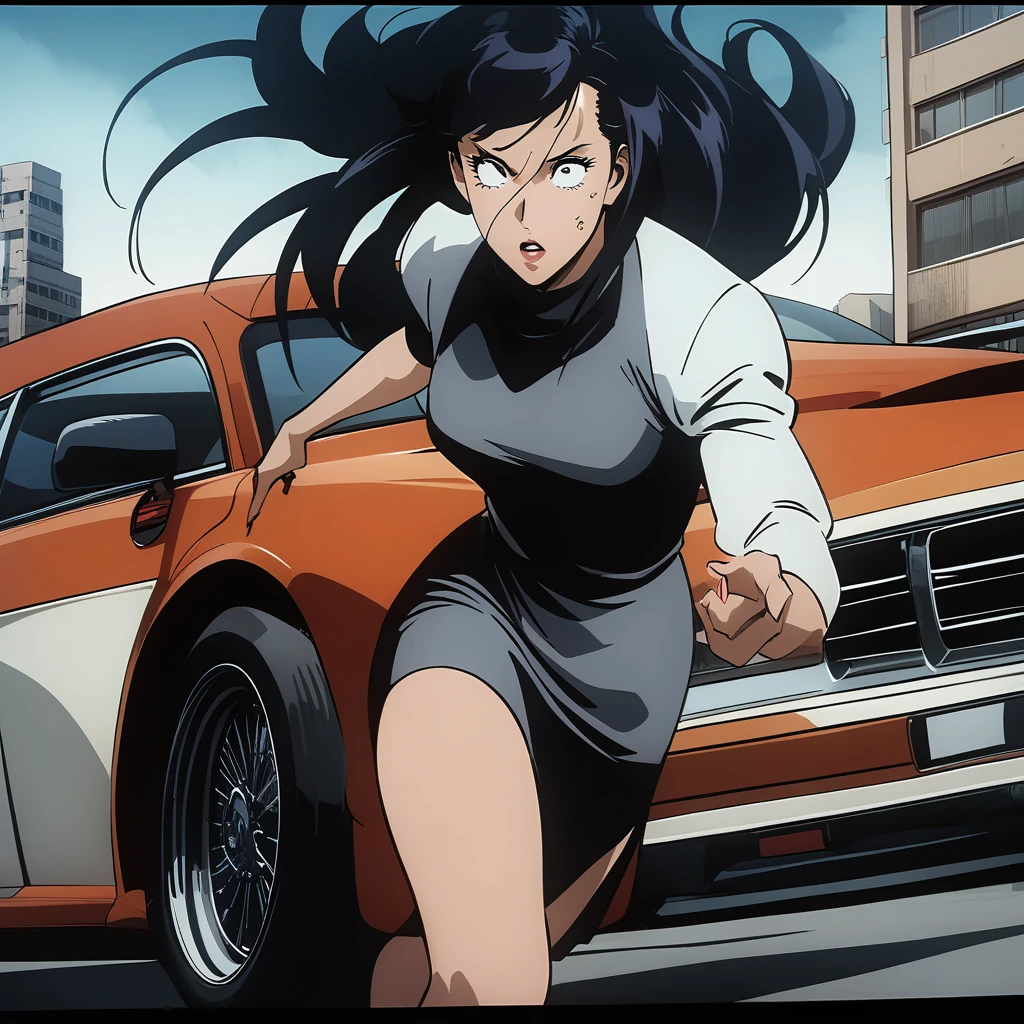 (best quality, 4k, 8k, highres, masterpiece:1.2), (manga style:1.3), (Tsukasa Hojo style:1.4), 1girl, beautiful woman, sharp facial features, expressive eyes, dramatic facial expression, flowing hair, dynamic pose, sleek outfit, urban background, car or cityscape, strong linework, high contrast, cinematic composition, (grayscale:0.8)