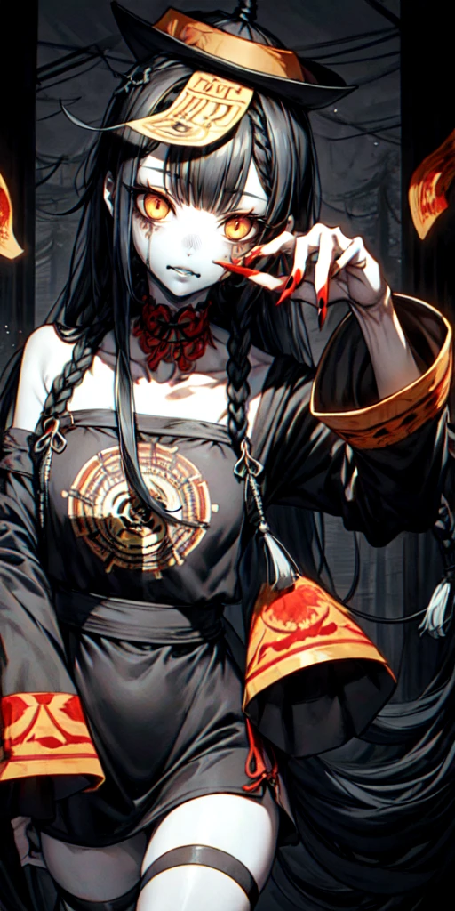 lora:flat:-1.2, masterpiece, best quality, 4k, 8k, 1 woman, solo, tall stature, long hair, blunt bangs, side braid, black hair, ugly face, bad face, bad eyes, droopy eyes, unclear eyes, ruby red eyes, lemon yellow eyes, pale skin, black eyeliner, black eye shadow, heterochromia, slender frame, sad, ofuda, jiangshi costume:1.2, fang, horror, coffin, forest, dark night, stormy weather, fog, from front, cowboy shot, look at viewer, paw pose,