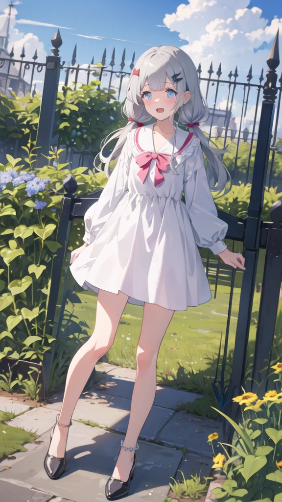 (8K, best quality, master piece: 1.5),super high resolution, One girl, solo, full body, junior high school student, ultra-detailed face, detailed eyes, rainbow colored iris, (cyan eyes), short twin tails, Silver gray hair, blunt bangs, hairclip, orgasm face, Masturbation, pale skin, Medium chest, hot pink color princess dress, bare legs, anklet, garden, standing