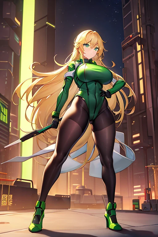1girl, green eyes, blonde hair, long hair, large breasts, hourglass figure, bodysuit, white bodysuit, neon, neon trim, machinery, tech, science-fiction, futuristic, serious, standing, full body, ((full body)),, pantyhose, black pantyhose, wavy hair, fighting stance, drone, robot girl, shoes