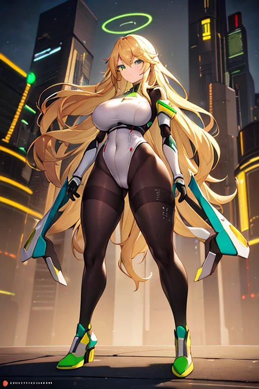 1girl, green eyes, blonde hair, long hair, large breasts, hourglass figure, bodysuit, white bodysuit, neon, neon trim, machinery, tech, science-fiction, futuristic, serious, standing, full body, ((full body)),, pantyhose, black pantyhose, wavy hair, fighting stance, drone, robot girl, shoes