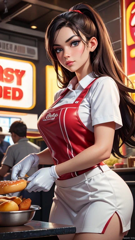 A fast food worker, 1 person, detailed facial features, beautiful eyes, detailed lips, hyperrealistic, highly detailed, intricate, 8k, photorealistic, cinematic lighting, studio lighting, dramatic lighting, digital painting, vibrant colors, warm color palette, dynamic pose, street food, greasy food, kitchen equipment, cooking utensils, fast food restaurant interior, neon signs, food preparation, serving customers