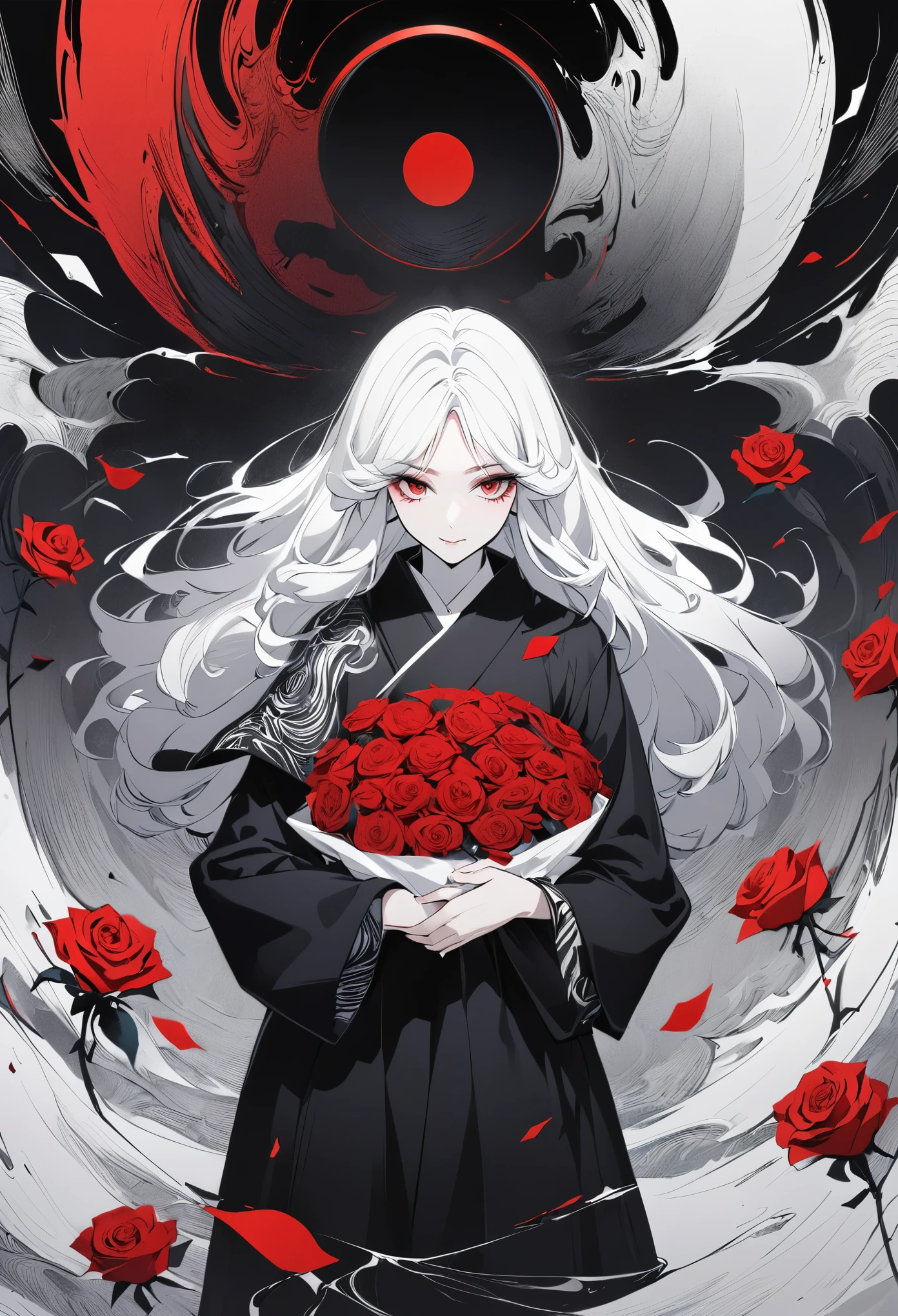 Hand drawn illustrations,Texture Noise,A woman,White long hair,Wearing a black robe with dark patterns,The body is supported by red roses,Strong contrast,Black and White