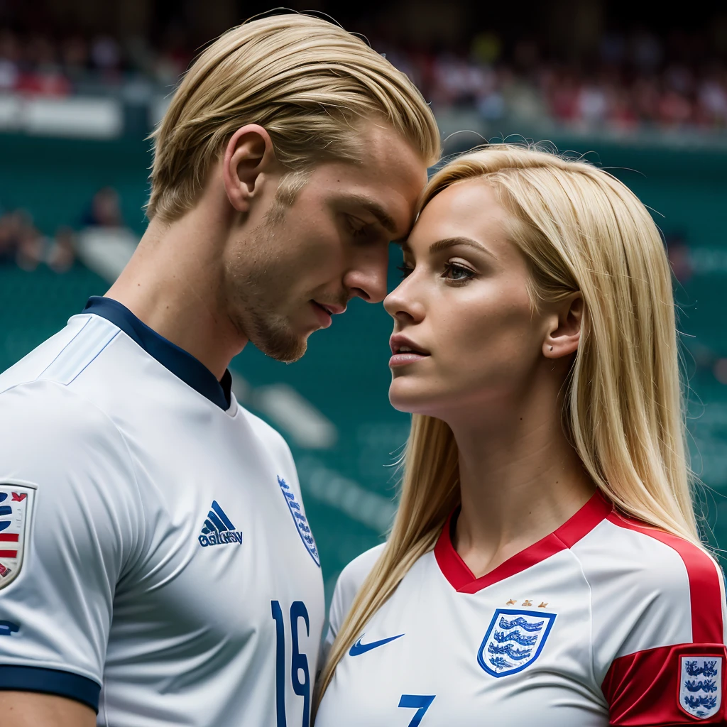 ((best quality)), ((masterpiece)), (detailed), ((couple)) , 1woman, very long blonde hair, England soccer jersey , 1man, ((tall man)) , muscular, handsome, dark, ((short hair)) , wearing England soccer jersey, soccer game, Stadion, summer time