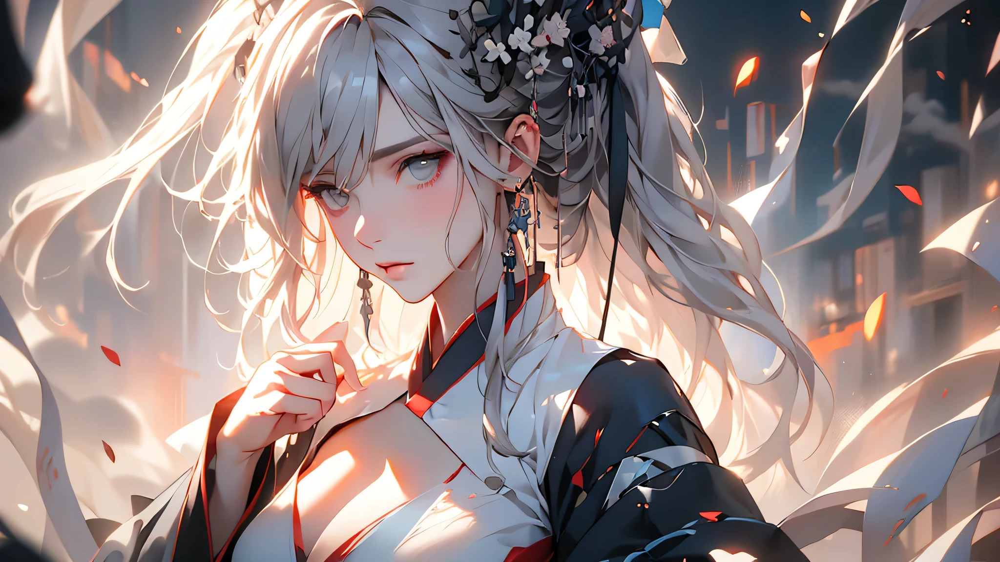 super high quality, masterpiece, Perfect illustration, Very detailed (Exquisite light and shadow, Very dramatic photo,Backlight) , ((Gray Hair:1.5))1 Girl,(( alone:1.6)), (Wearing Han clothes, Black and white Hanfu,Monotony,Long sleeve) (White smoke:1.3) (Realistic:1.4), Official Art, unity 8k wallpaper, Very detailed, Beautiful and beautiful, masterpiece, Highest quality, (Dynamic Angle: 1.4), Glowing Skin, (Floating colorful flashes: 1) The most beautiful chaotic shapes, elegant, Brutalist Design, Bright colors, Romantic Depth of Field Exotic_dance, half_naked、Expose your shoulders、Ample breasts、Great cleavage、Lean forward