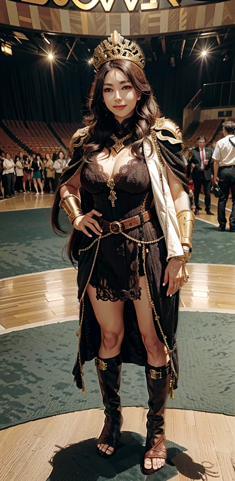 ((full body photo, standing, feet on the ground))1 mature woman, Amazon warrior of themiscera, long curly hair, brown hair, dark brown eyes, thin lips, round face, wearing Greek battle helmet, huge breasts covered by well-protected and imposing Greek Amazon armor holding a short sword and a shield with a lion's head,She's in the coliseum, inside an arena
