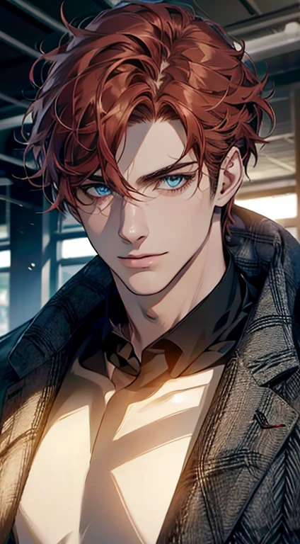 (best quality,4k,8k,highres,masterpiece:1.2),ultra-detailed,(realistic,photorealistic,photo-realistic:1.37),1 man,31 years old,mature man,very handsome,without expression,smile,short red white hair,blue eyes,penetrating gaze,perfect face without errors,imposing posture,businessman,office background,cinematic lighting,hdr image