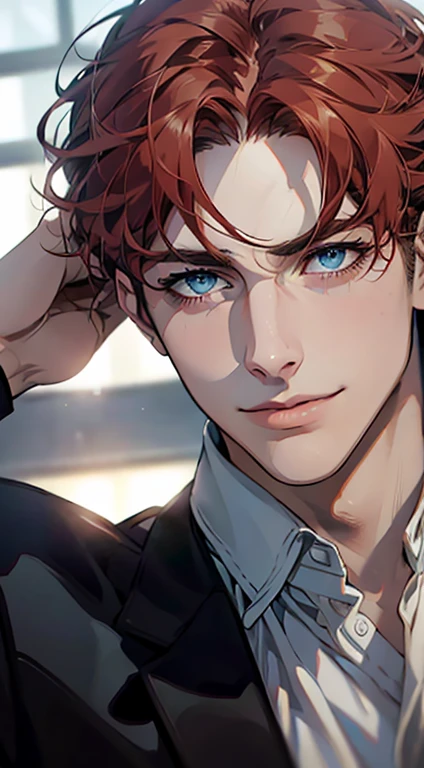 (best quality,4k,8k,highres,masterpiece:1.2),ultra-detailed,(realistic,photorealistic,photo-realistic:1.37),1 man,31 years old,mature man,very handsome,without expression,smile,short red white hair,blue eyes,penetrating gaze,perfect face without errors,imposing posture,businessman,office background,cinematic lighting,hdr image