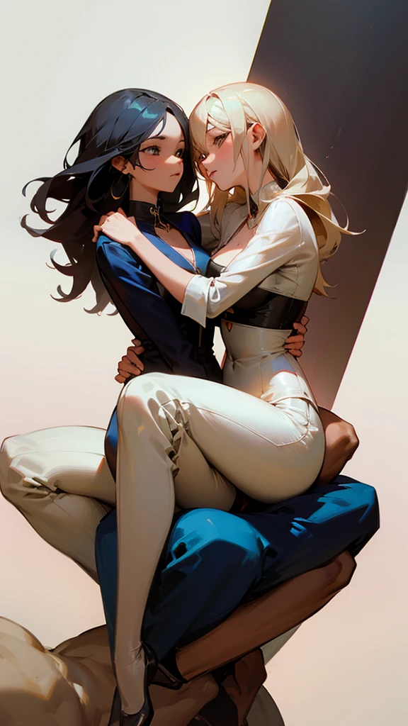 image of two women sitting on a man's knees, with anime drawing style