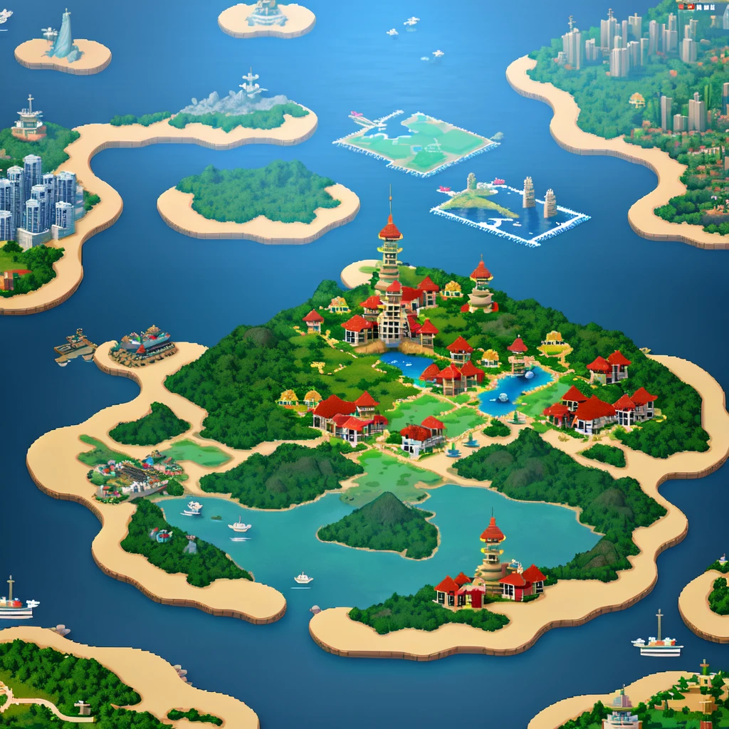 Create an pixelated image of top view of map for 3d war game. With 2-3 island cities connected with bridges and city have lakes and surrounded by ocean.