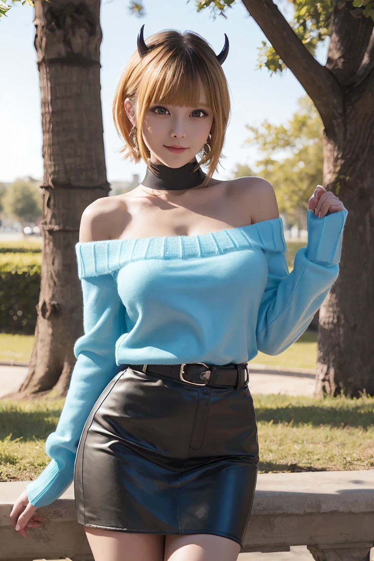 memcho, memcho, (:1.3), Blonde, blue eyes, Blunt bangs, devil horn, fake horn, horn, short hair, Breaking the Bare Shoulders, black skirt, (blue sweater: 1.5), Long sleeve, Off the shoulder, Off the shoulder sweater, Puffy sleevskirt, sweater, White ribbon, Taking a break from watching the audience, (at the park), (masterpiece: 1.2), best quality, High resolution, Unity 8k wallpaper, (An illustration: 0.8), (Beautiful eye details: 1.6), Very detailed顔, Perfect lighting, Extremely detailed CG, (Perfect hands, Perfect Anatomy) , Perfect Eyes, Have a very sexy body, Havefull chest and a slim waist, And a very sexy body, Bold Lo young, quality, Very detailed, Realistic, smile, Calm, Perfect Eyes, Have a very sexy body, Have a fulhest and a slim waist, And a very sexy body, Bold Look. yo, quality, Very detailed, Realistic,