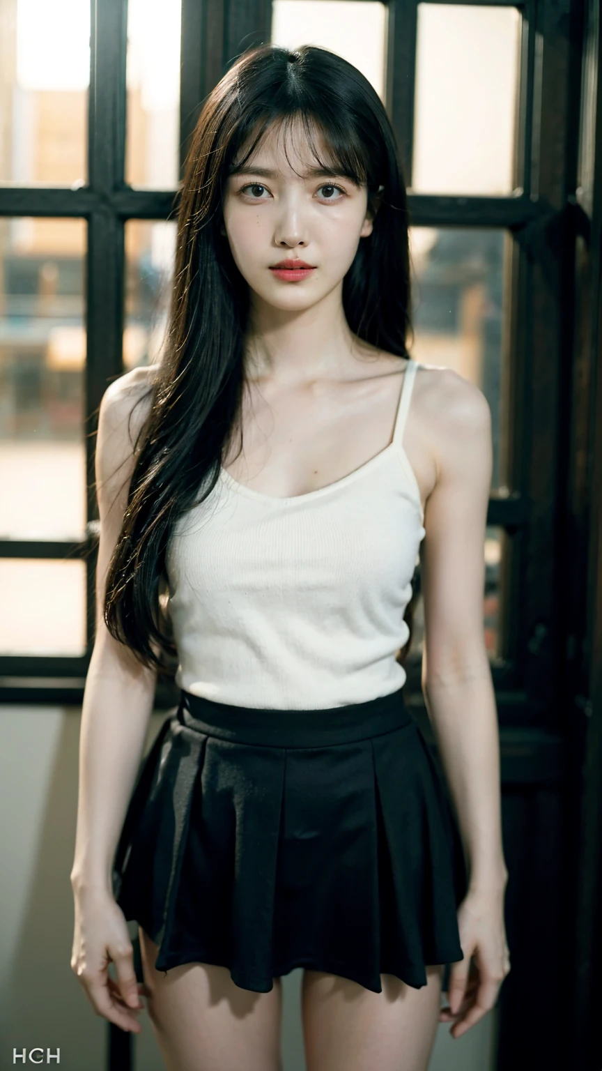 1girl, woman, masterpiece, best quality, highest quality, cinematic lighting, (volumetric lighting), extremely detailed CG unity 8k wallpaper, focused, 8k wallpaper, extremely detailed, ultra realistic, photorealistic, sharp focus, absurdres, (HDR:1.2), (high contrast), photograph, detailed and intricate, instagram, portrait, highly detailed, digital painting, artstation, concept art, smooth, sharp focus, illustration, cinematic lighting, (golden ratio of breast size), ((medium shoulder)), (skinny legs), (slender body), (height 163cm), (HQ skin:1.4), (knit strap tanktop, very short black skirt), (standing, show thighs), ((long hair)), (hips shot, hip level shot), medium shot, ((eyes looking at viewer)), arm cross