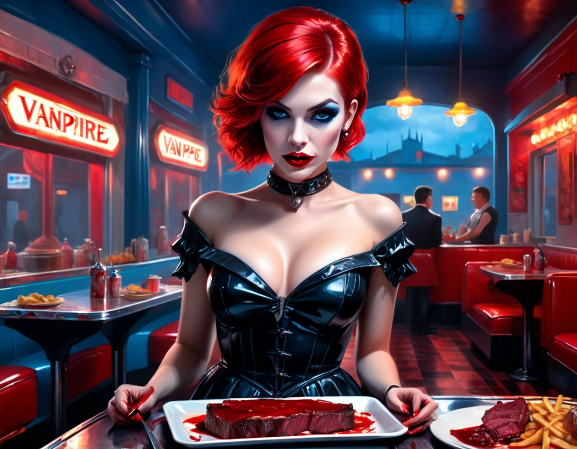 a 3D digital painting picture of extremely (beautiful female vanpire:1.3) serving a big juicy raw steak on a tray, dripping blood in a goth American diner, an exquisite beautiful female (vampire:1.3), (full body: 1.1) ultra feminine ultra detailed face, red hair, short hair, red lips, blue eyes, wearing sexy white seductive latex dress, serving a goth diner American kitchen background, full body dynamic angle, , award winning, best quality, high quality, high details, highres, vibrant, Ultra-high resolution, High Contrast, (masterpiece:1.5), highest quality, Best aesthetics, best details, best quality, highres, ultra wide angle, 16k, [ultra detailed], masterpiece, best quality, photorealistic, 3D rendering, furry