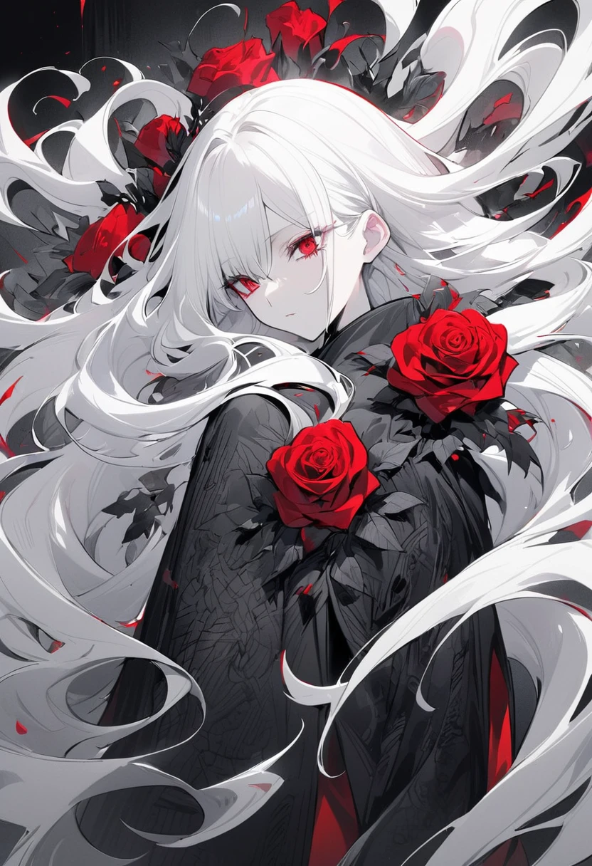 Hand drawn illustrations,Texture Noise,A woman,White long hair,Wearing a black robe with dark patterns,The body is supported by red roses,Strong contrast,Black and White