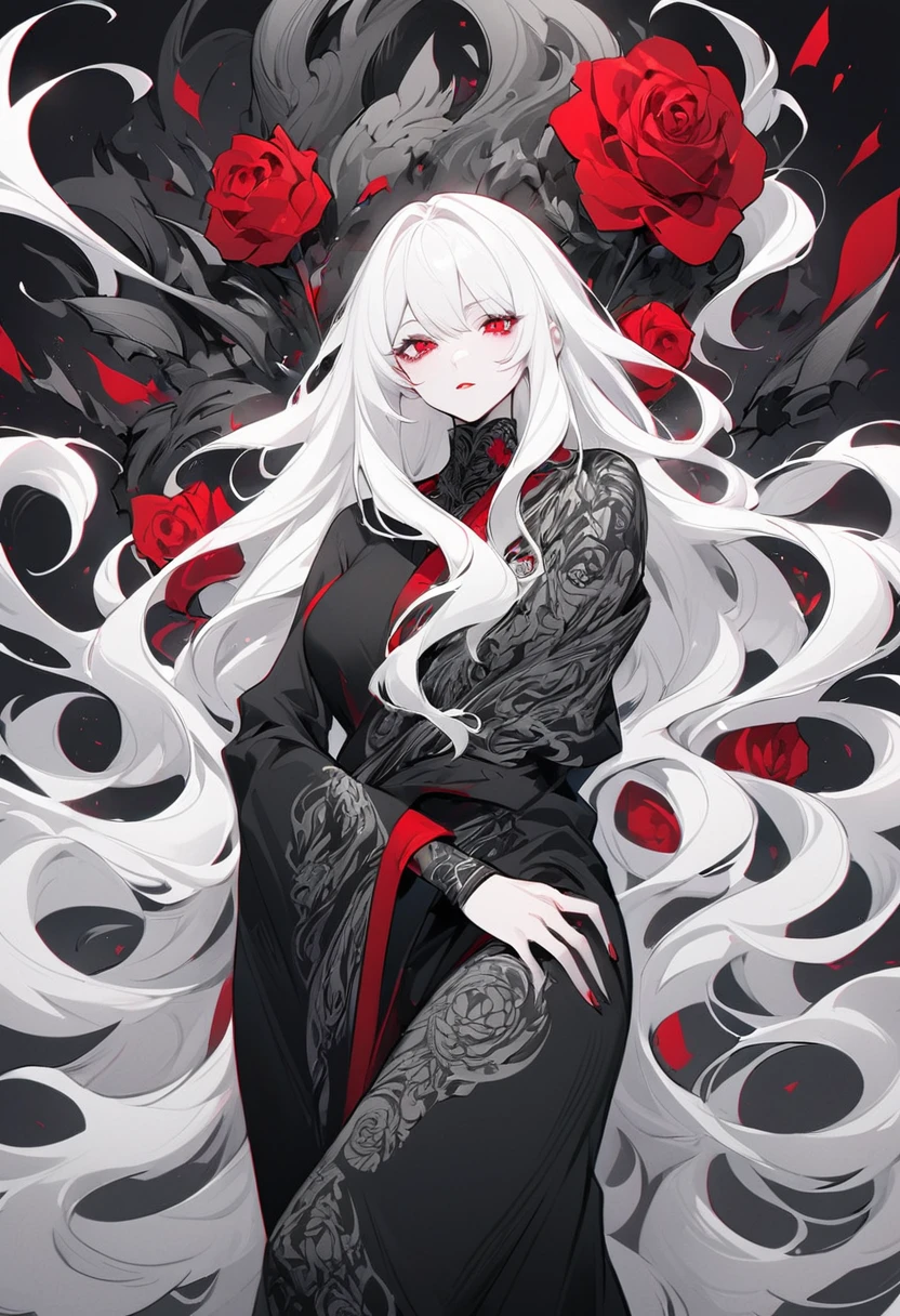 Hand drawn illustrations,Texture Noise,A woman,White long hair,Wearing a black robe with dark patterns,The body is supported by red roses,Strong contrast,Black and White