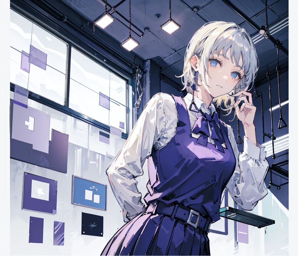 Anime girl1, long. Grey hair, blue eyes, (hair blows to the left side perfect long bangs) Wearing a bright blonde vest, wearing a blonde hoodie vest,Using a blue jabot) head pose to the right without looking ahead, (Room background, open glass school windows, shiny tables)), clear photo frame of a beautiful woman, The right hand holds a flower stem with white petals that have withered, smiled, Hand holding a rectangular glass aquarium filled with purple flowers