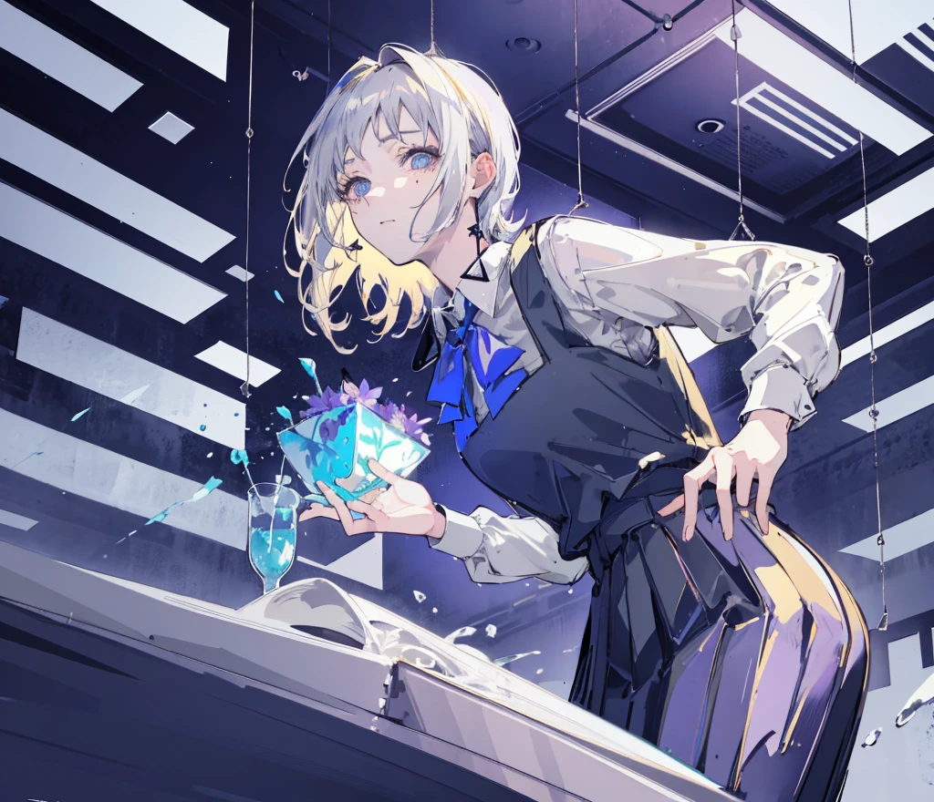 Anime girl1, long. Grey  hair, blue eyes, (hair blows to the left side perfect long bangs) Wearing a bright blonde vest, wearing a blonde hoodie vest,Using a blue jabot) head pose to the right without looking ahead, (Room background, open glass school windows, shiny tables)), clear photo frame of a beautiful woman, The right hand holds a flower stem with white petals that have withered, smiled, Hand holding a rectangular glass aquarium filled with purple flowers