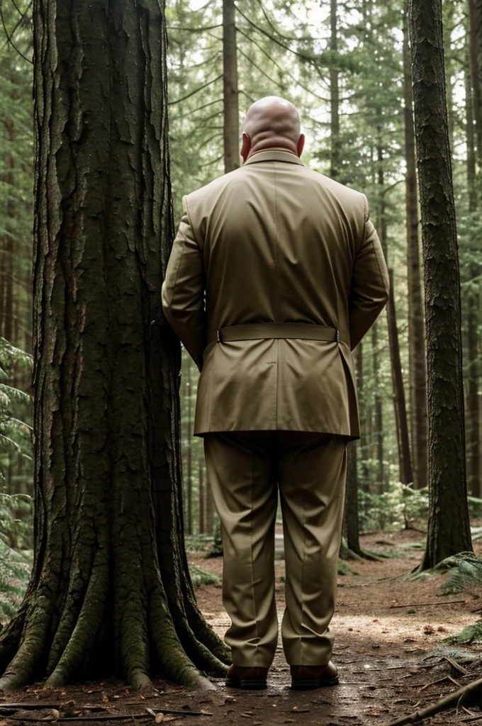 A rear shot Kevin Chamberlin pees near the tree in the forest. (urine visible:1.4), (best quality:1.4), rear shot, urinate, peeing, pissing, tree, forest