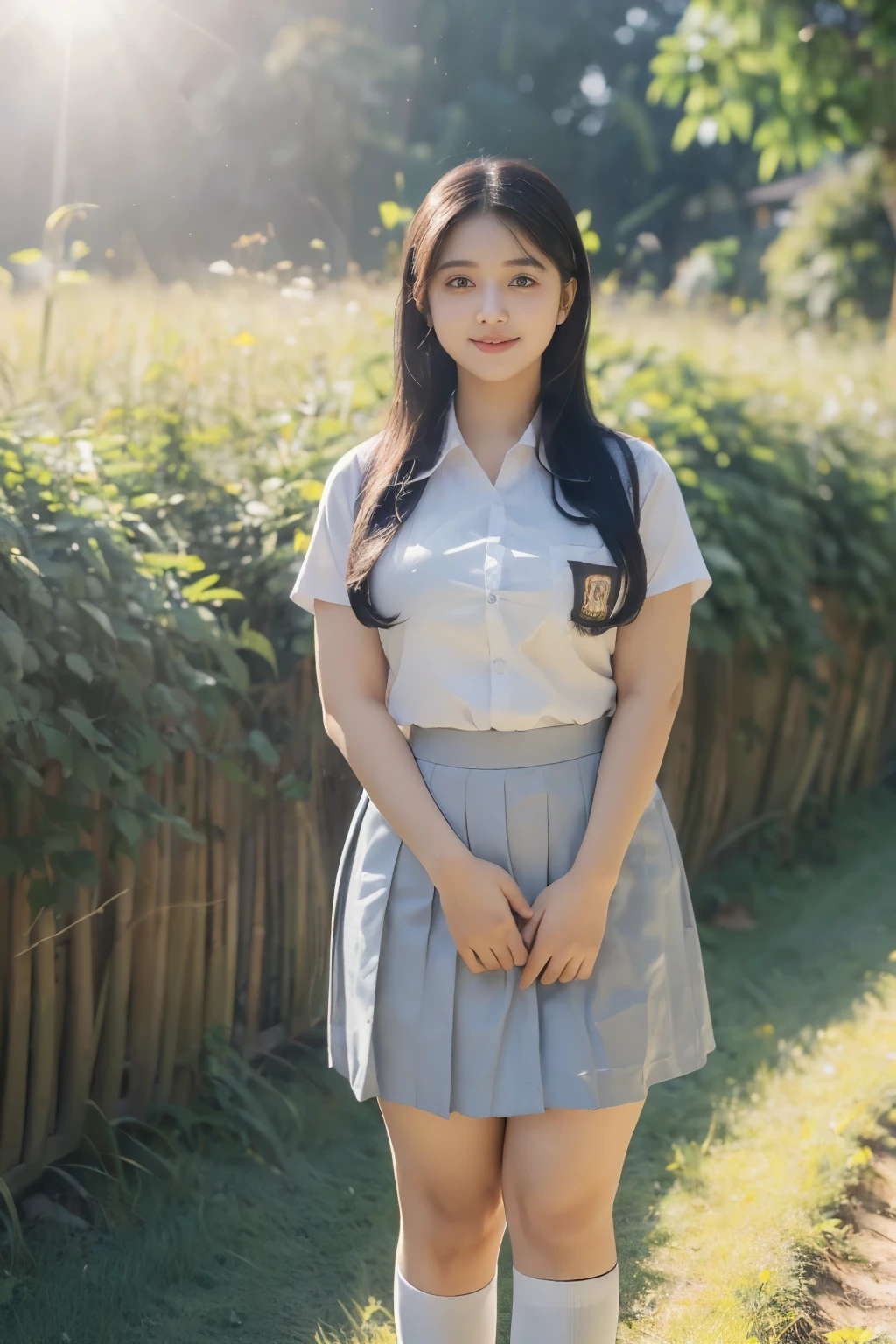 (photorealistic:1.4), (masterpiece, 8k raw photo, best quality:1.4), a woman, 21 years old, beautiful face, (curvy thighs:1.4), white pale skin, thin face, long wavy hair, black hair, (Indonesian school uniform:white , medium grey skirt), seductive smile, standing, closed mouth, lens flare, meadow, garden, cool tone, full body photography