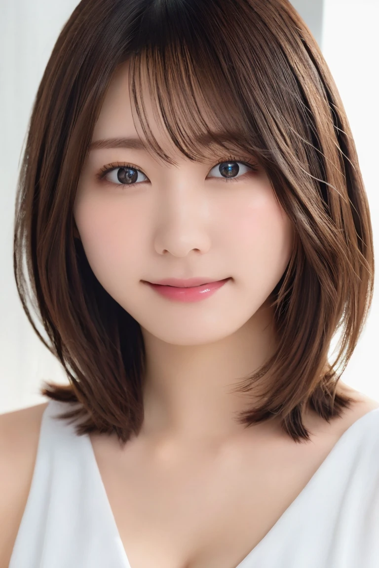 8K highest image quality)、(beautiful)、Accurate Eyes、Fine skin、22-year-old female、Brown eyes、Brown Hair、looking at the camera、naked、Semi-short hair、Smile、bangs、Cleavage、Close-up