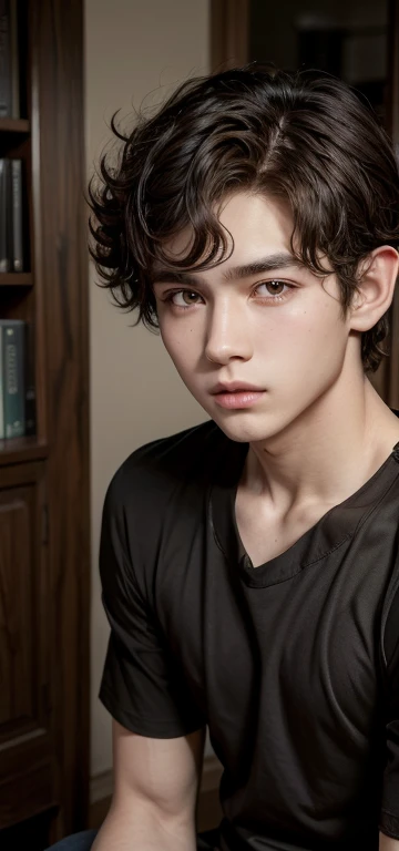 Cute boy of 16 with big hair but not much, Color Brown,brown skin, elf ears,reddish brown eyes ,with black clothes, has a chest and a six-pack, It has an older face ,wears black realistic short-sleeved blouse ----4 