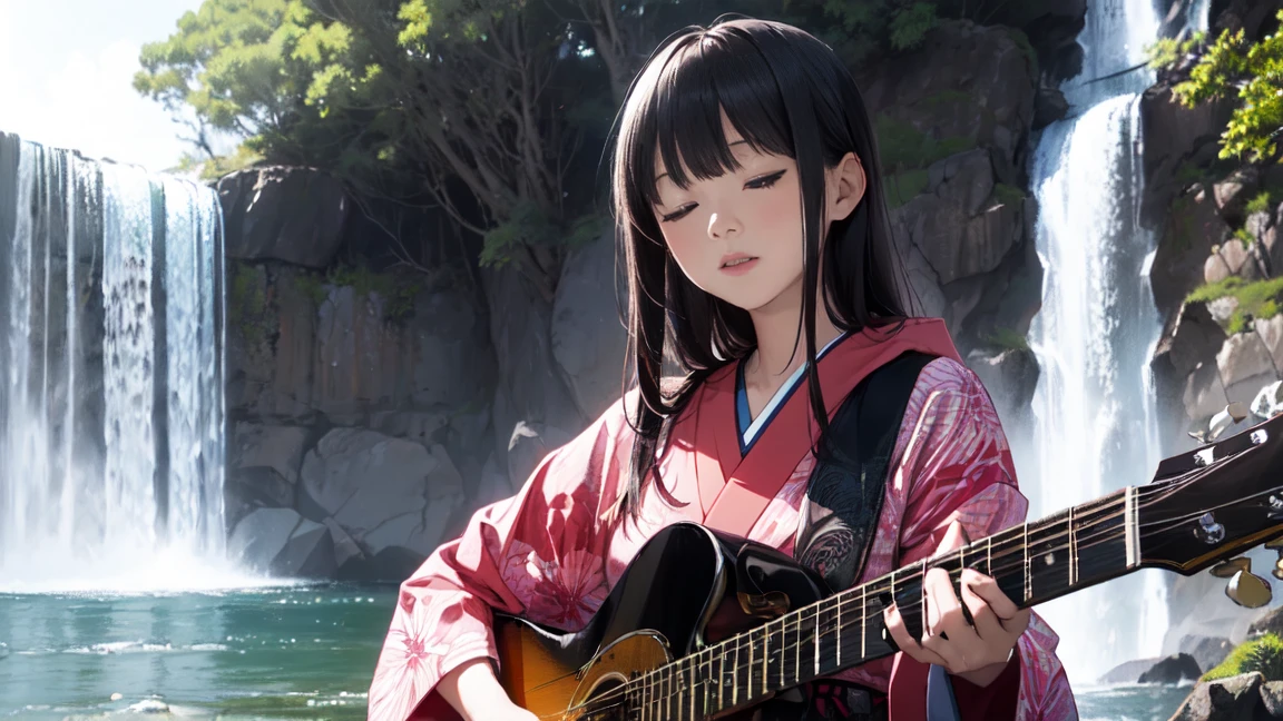 ((Full Shot))((Long Shot)) high quality, wonderful, mysterious, wood々Sunlight shining through the gaps, ((alone))(Huge waterfall), sitting play guitar, close your eyes, play, Female guitarist, A woman wearing a kimono, Wearing a hoodie, Bright patterns on kimonos, Cool woman, wonderful, ,Long black hair, ((Japanese pattern guitar))