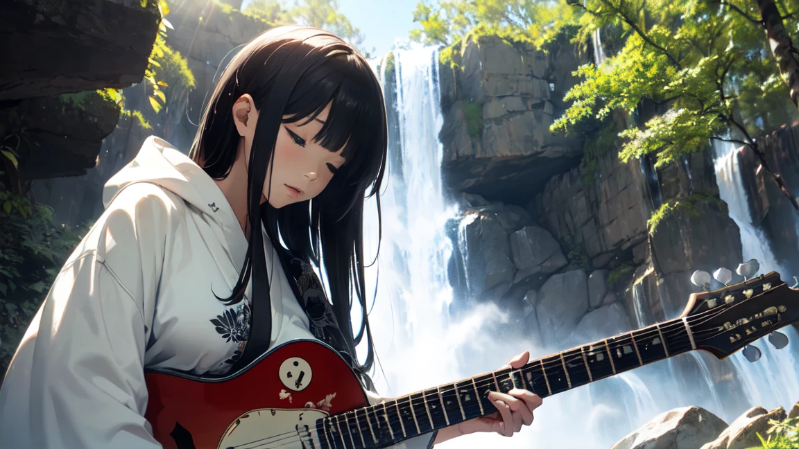 ((Full Shot))((Long Shot)) high quality, wonderful, mysterious, wood々Sunlight shining through the gaps, ((alone))(Huge waterfall), sitting play guitar, close your eyes, play, Female guitarist, A woman wearing a kimono, Wearing a hoodie, Bright patterns on kimonos, Cool woman, wonderful, ,Long black hair, ((Japanese pattern guitar))