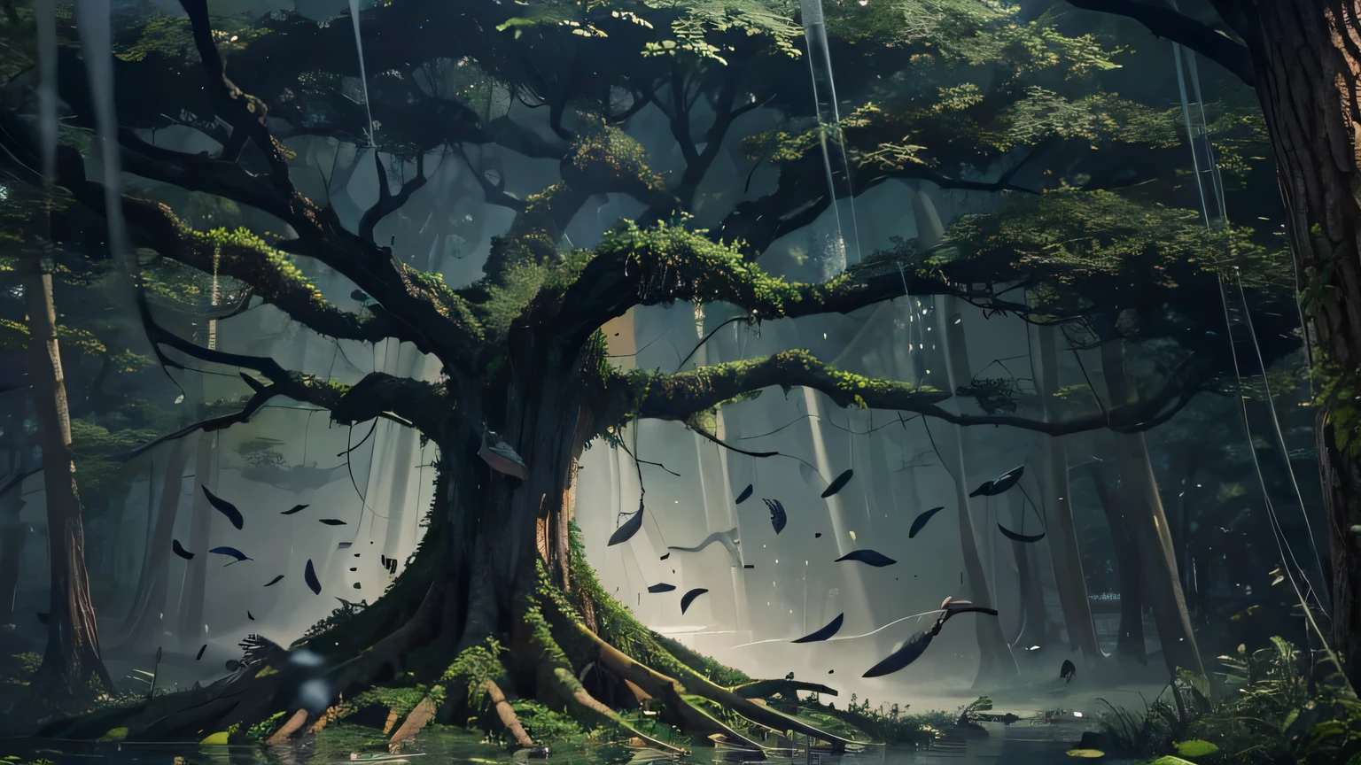 Highest quality A large tree with falling black leaves The background is a forest at night with black rain falling Photorealistic Fantasy