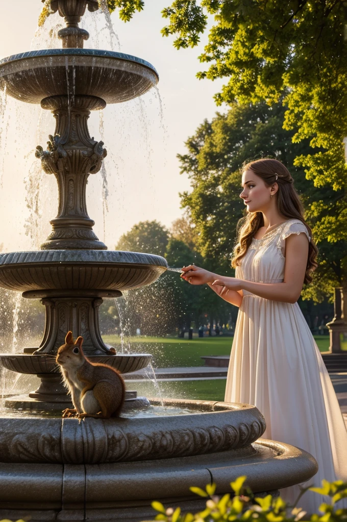 A young girl feeding a squirrel in front of the Samson Fountain in Peterhof, detailed facial features, beautiful dress, serene expression, ornate fountain, classical architecture, golden light, vibrant colors, photorealistic, 8k, high resolution, realistic, masterpiece