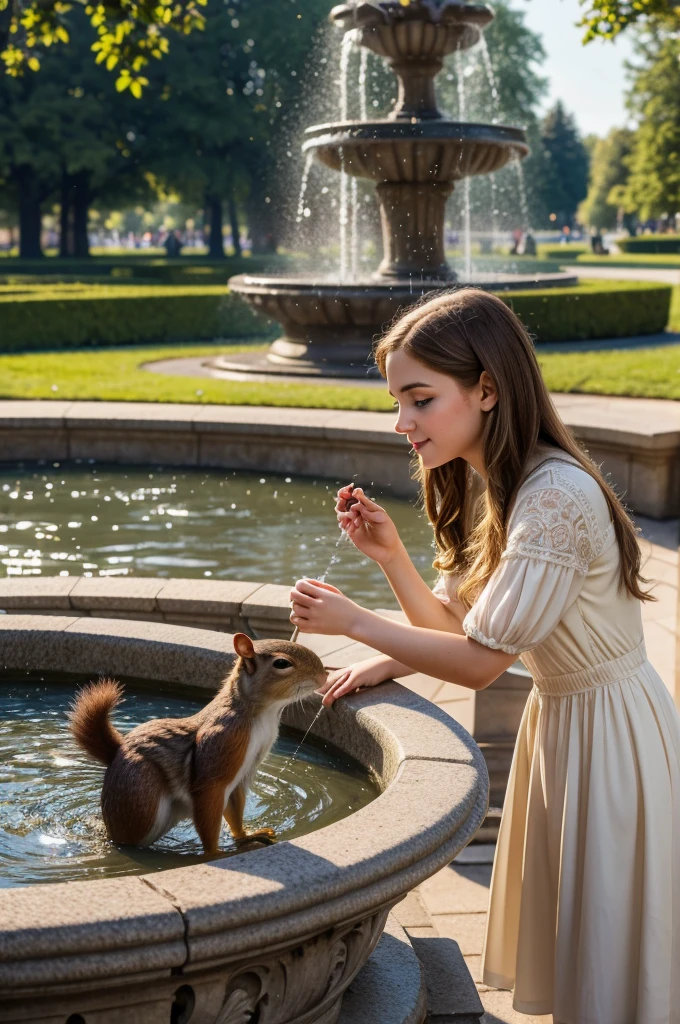 A young girl feeding a squirrel in front of the Samson Fountain in Peterhof, detailed facial features, beautiful dress, serene expression, ornate fountain, classical architecture, golden light, vibrant colors, photorealistic, 8k, high resolution, realistic, masterpiece