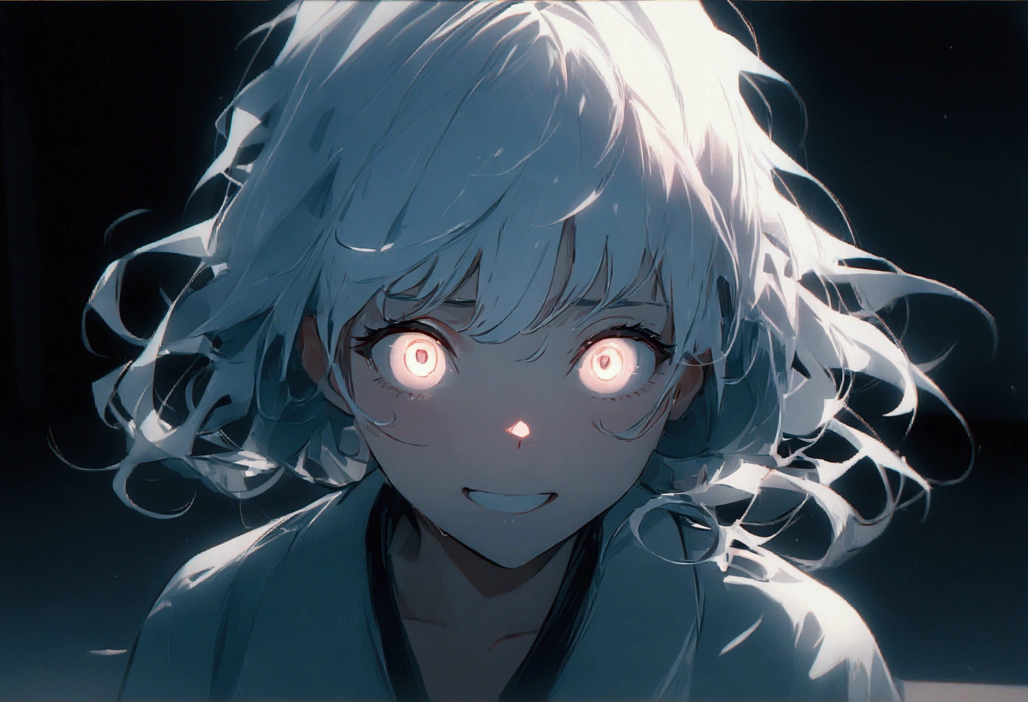 (8K, RAW Photos, Highest quality, masterpiece: 1.4), Ultra-high resolution, Very detailed, Light, Upper body close-up, One girl, White eyes, (Eyes of Terror, Shining eyes:1.2), Portrait of the Exorcist, Desolate house, Scared,direful,dark, High Quality Shadows, Natural light, (White highLights:1.2), night, cloudy day, (at home:1.2), (floating:1.2),moody, special effects, light particles, chromatic aberration, shallow depth of field, film, filmic, casting shadow, dark, grin, dynamic pose