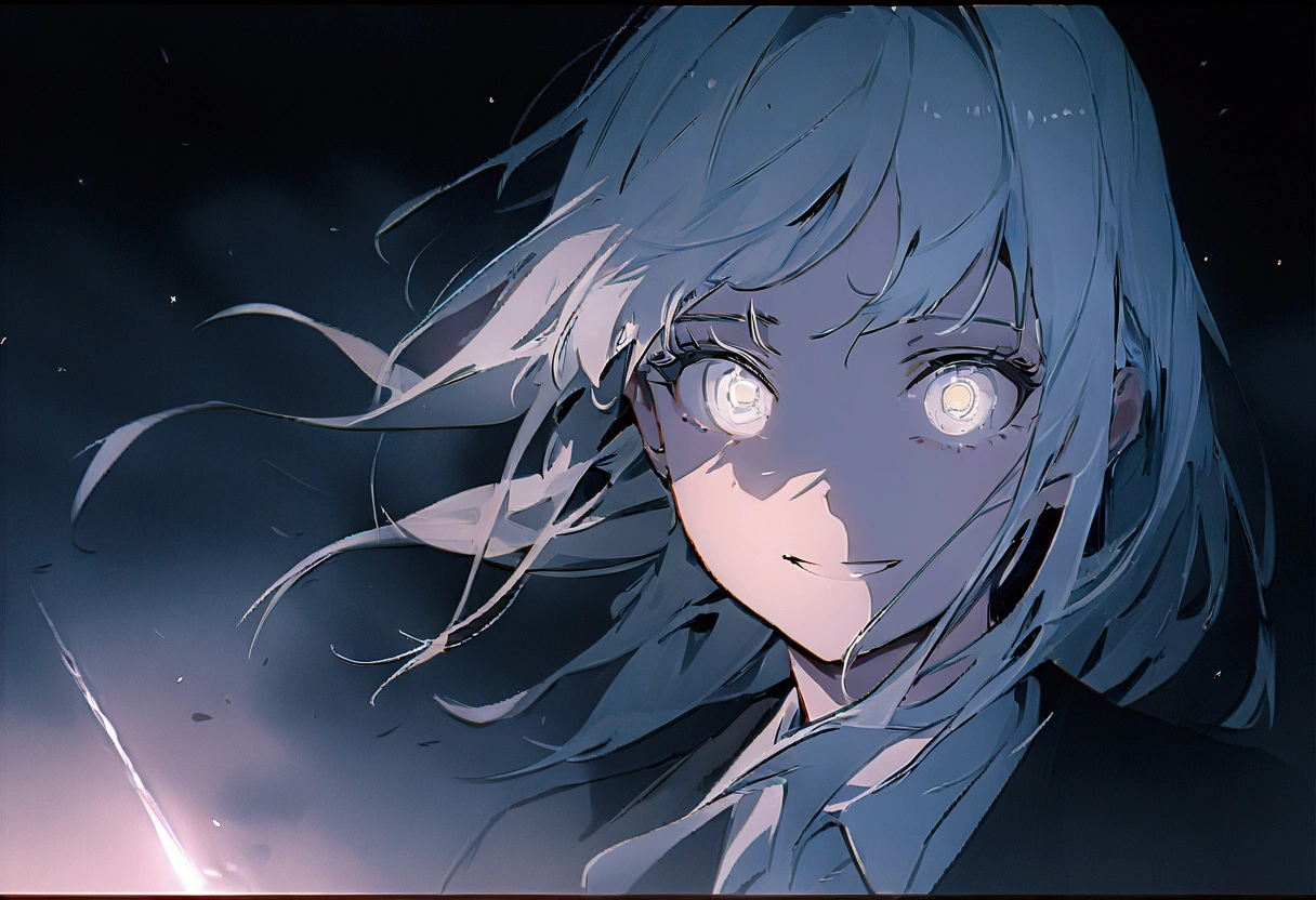 (8K, RAW Photos, Highest quality, masterpiece: 1.4), Ultra-high resolution, Very detailed, Light, Upper body close-up, One girl, White eyes, (Eyes of Terror, Shining eyes:1.2), Portrait of the Exorcist, Desolate house, Scared,direful,dark, High Quality Shadows, Natural light, (White highLights:1.2), night, cloudy day, (at home:1.2), (floating:1.2),moody, special effects, light particles, chromatic aberration, shallow depth of field, film, filmic, casting shadow, dark, grin, dynamic pose