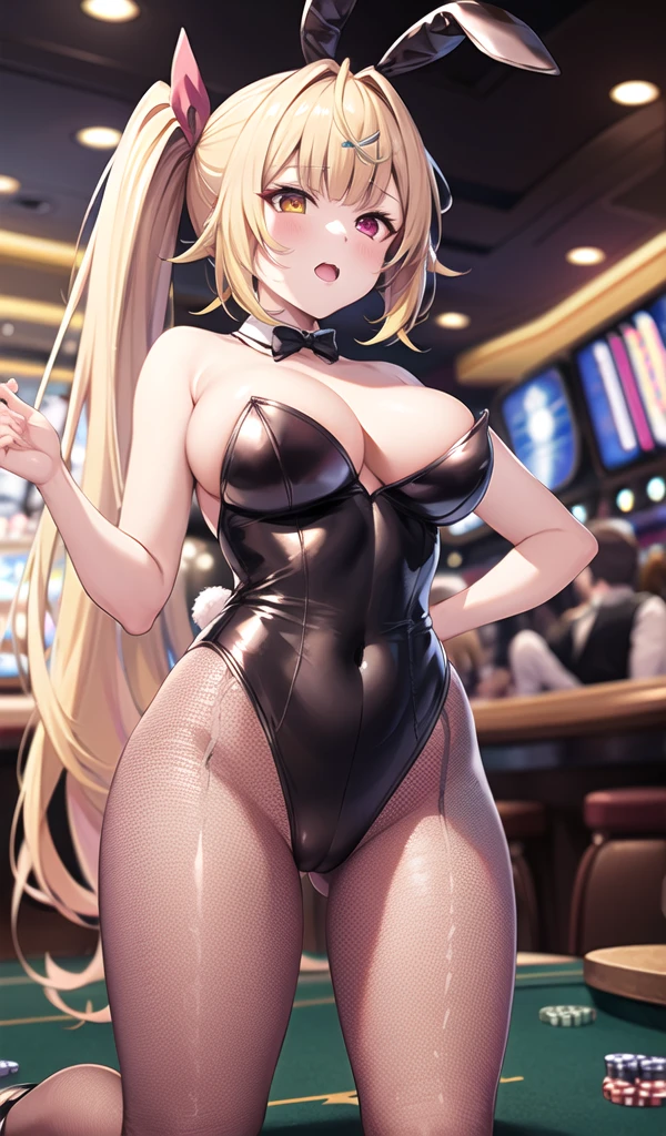 Sara Hoshikawa having sex with a boy(Having her breasts massaged),masterpiece, Highest quality, High resolution, HS1, Red eyes, Yellow Eyes, Side Ponytail, x Hair accessories,Pink is good,Hair Ribbon,Black Playboy Bunny, hair band, Bunny ears,Fishnet tights,casino,True Face,