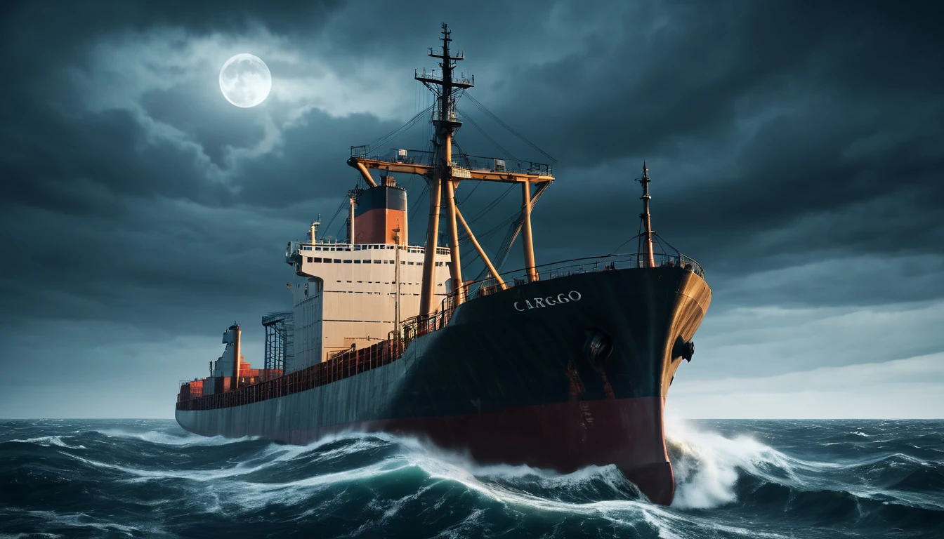 A Scary horror image of a cargo ship on the high seas, PICTURE REALISTIC, high resolution, 8K