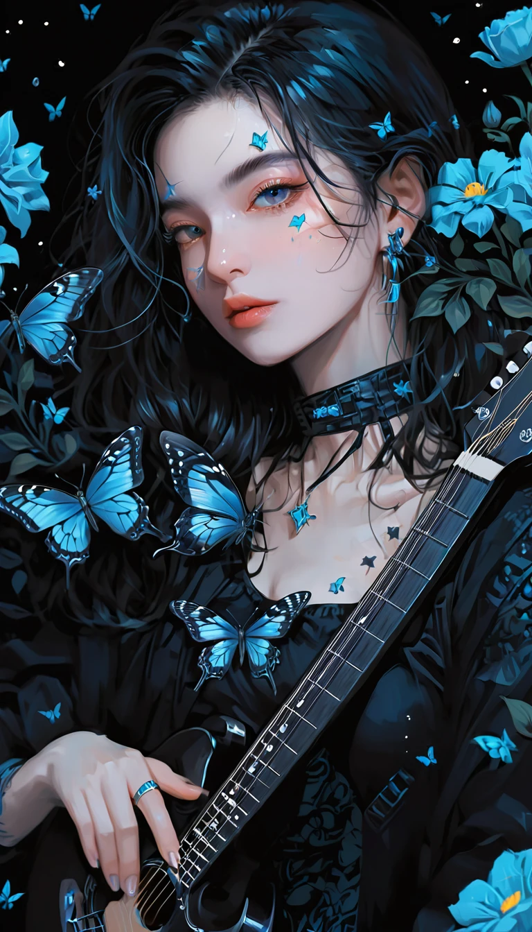 a woman and guitar in her hand一个nd a background of flowers and butterflies and stars is depicted in this artistic illustration of a woman and guitar in her hand一个nd a black background of a blue and一个 blue background,and,and一个,Alice Prine,Dark background,Cyberpunk Art,Synchronicity,