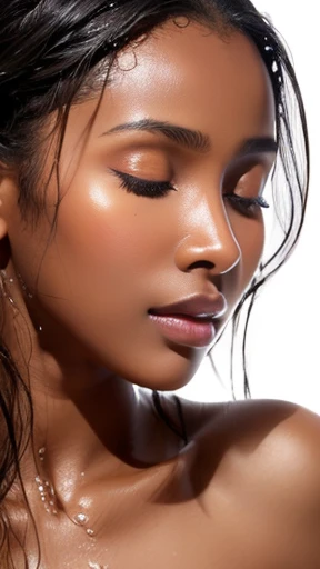 raw photo of beautiful female, looking at camera, centered portrait upper body, Somali beauty, slim perfect face, natural look, playmate, wavy hair, wet hair tied in a bun, supermodel, wet skin, jet-black skin, blushing cheek, very very small bust, closing eyes, feeling ecstasy, nude skin, in photo studio