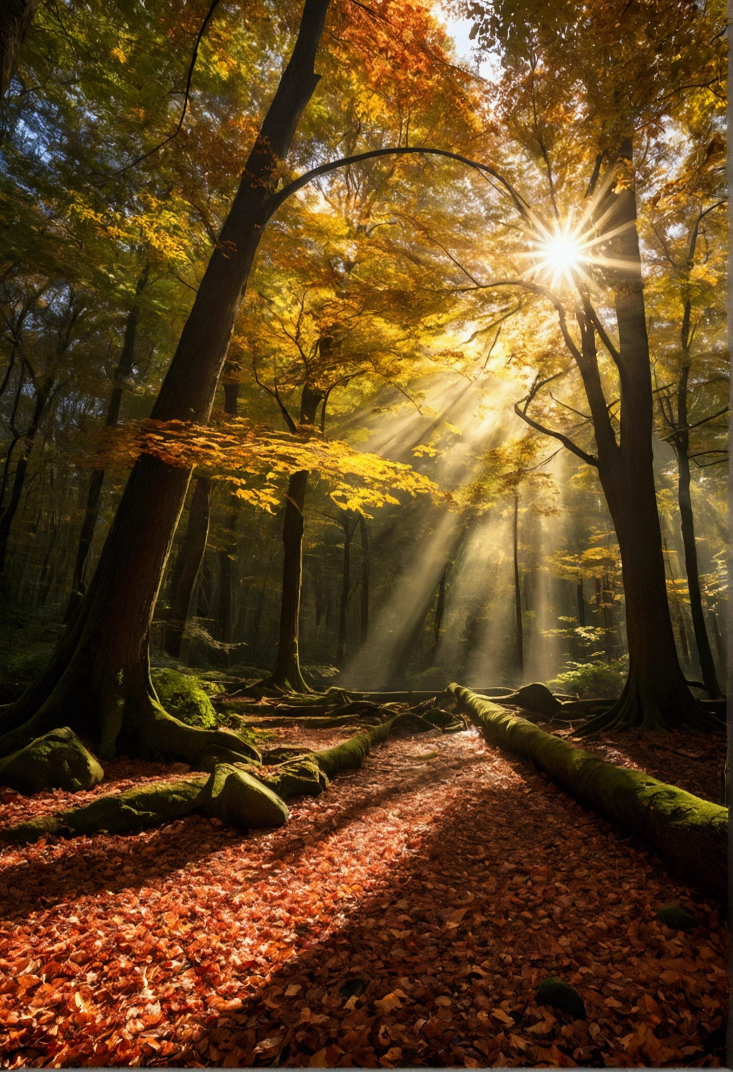 Backlit photography, Tyndall effect, Master Image Quality, Movie special effects, Ultra-high resolution, Detailed beautiful scenery, Ultra Wide Angle, Ray Tracing, Primeval forest, Towering Tree々, Clear Layer, Fallen leaves, Lighting, water flowing, Extreme Detail