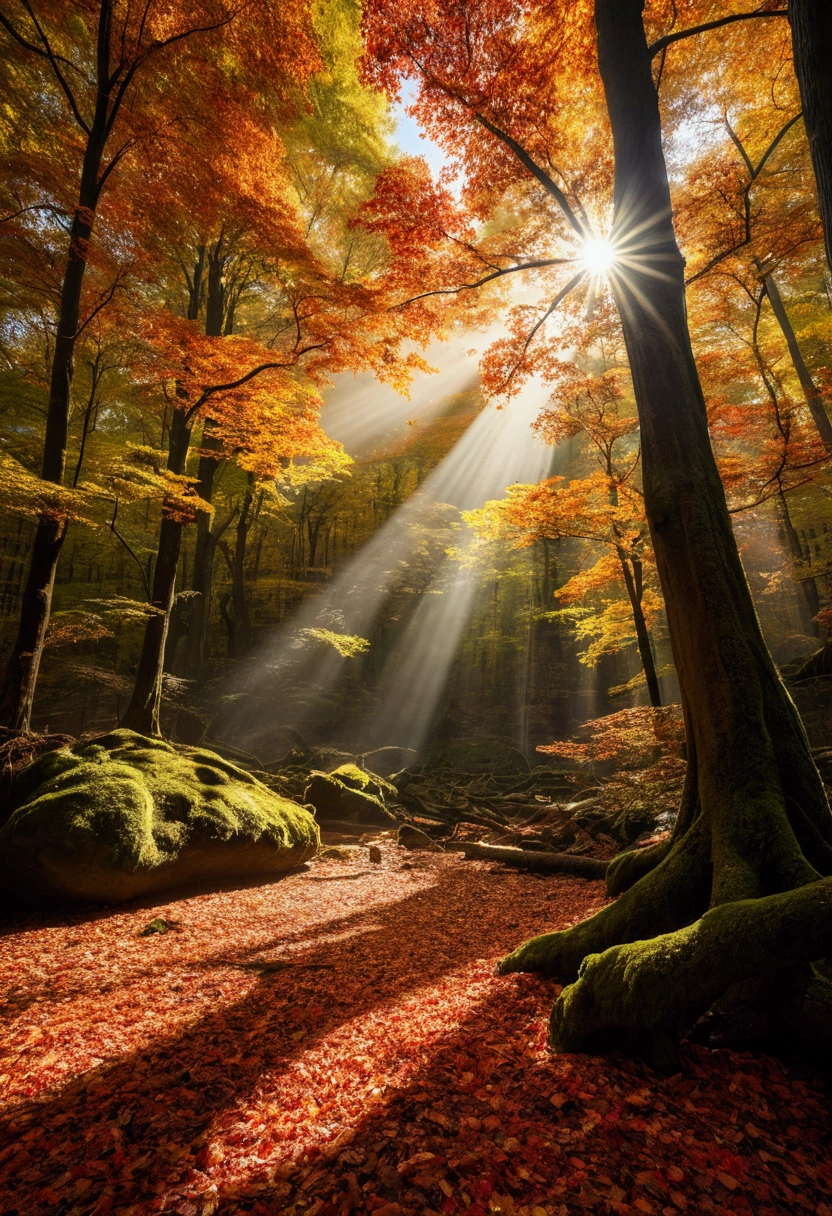 Backlit photography, Tyndall effect, Master Image Quality, Movie special effects, Ultra-high resolution, Detailed beautiful scenery, Ultra Wide Angle, Ray Tracing, Primeval forest, Towering Tree々, Clear Layer, Fallen leaves, Lighting, water flowing, Extreme Detail