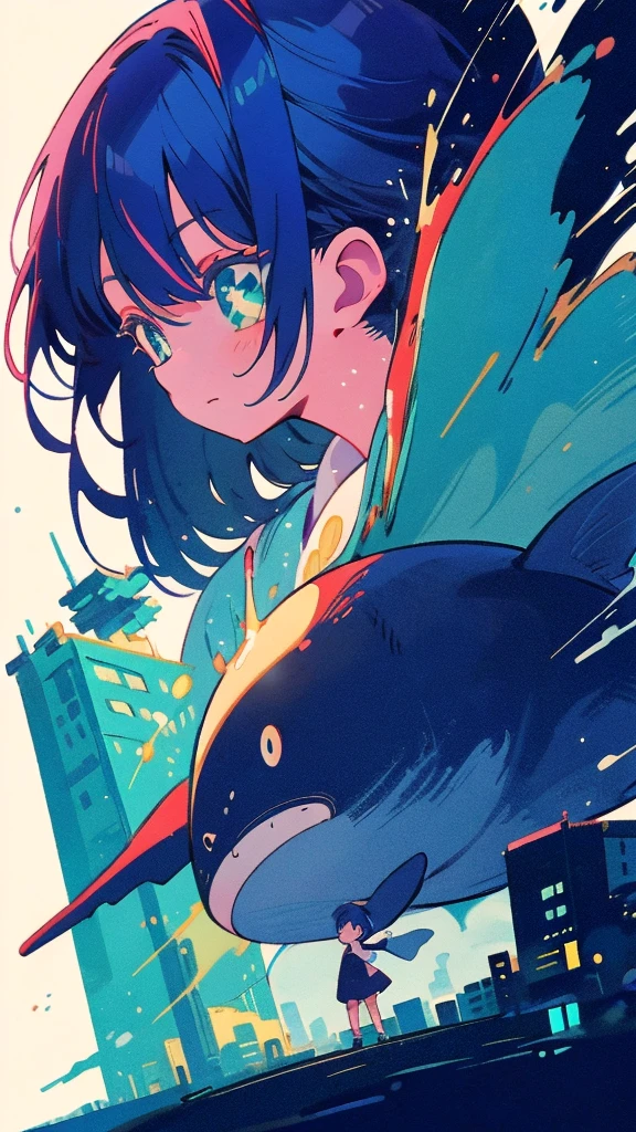 Blue-haired long hair，Design clothing，Seven-doppelganger shot，Anime style 4K，Anime girl with teal hair，High quality anime art style，Standing painting，Splash ink background，Blue Themes、Pure white background,Buildings,Face close-up,Buildings,Moon and sun、Long legs, whale flying in the sky,giant whale