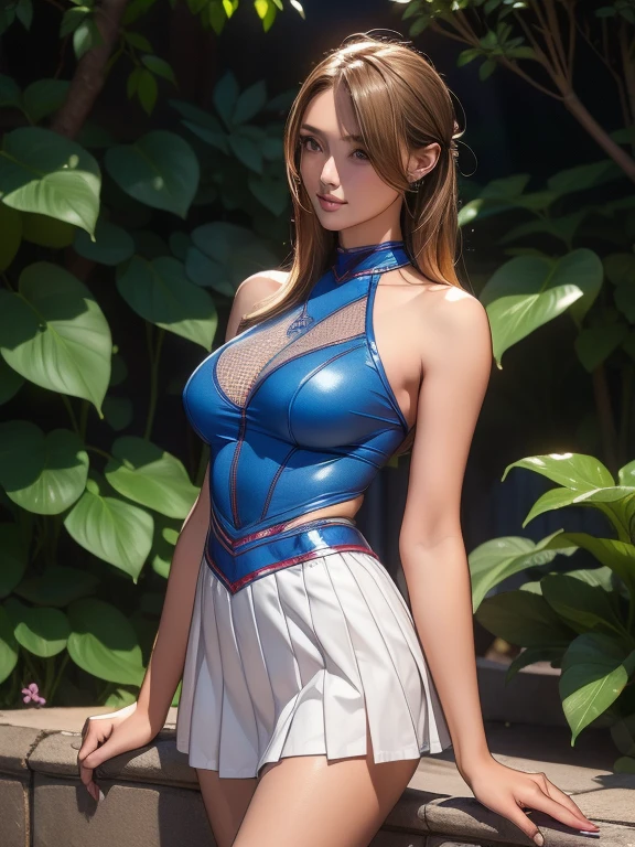 (((masterpiece))), (((Highest quality))), Browsing Caution,((Very detailed)), (shape), ((Very delicate and beautiful)), ((Very detailed)), ((High resolution)), (((20-year-old))), meexpensiveic cloth, (Cheerleader), (Super Heroine), (Android), Delicate metal decoration, Glowing Skin, Shiny body, Two legs, breast focus, (((expensive))), Thin legs, ((Big round eyes)), Cute eyes, Droopy eyes, ((Adult)), both hands, Five Fingers, No extra hands, Elegant smile, Braiding, ((meexpensiveic blue)), (See through), (Dark Blonde), ((overtake)), (Shining brightly), Outdoor, mini skirt, Daytime, ((Biopunk)), (Hair shorter than shoulders), (Medium length hair), Female type, (Clothing that exposes the abdomen), garden,Please lift your skirt:1.5,Red micro pants