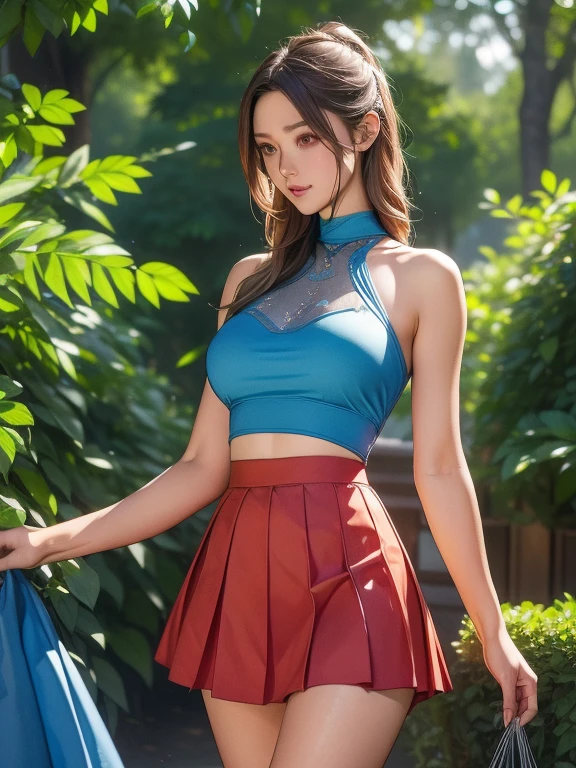 (((masterpiece))), (((Highest quality))), Browsing Caution,((Very detailed)), (shape), ((Very delicate and beautiful)), ((Very detailed)), ((High resolution)), (((20-year-old))), meexpensiveic cloth, (Cheerleader), (Super Heroine), (Android), Delicate metal decoration, Glowing Skin, Shiny body, Two legs, breast focus, (((expensive))), Thin legs, ((Big round eyes)), Cute eyes, Droopy eyes, ((Adult)), both hands, Five Fingers, No extra hands, Elegant smile, Braiding, ((meexpensiveic blue)), (See through), (Dark Blonde), ((overtake)), (Shining brightly), Outdoor, mini skirt, Daytime, ((Biopunk)), (Hair shorter than shoulders), (Medium length hair), Female type, (Clothing that exposes the abdomen), garden,Please lift your skirt:1.5,Red micro pants
