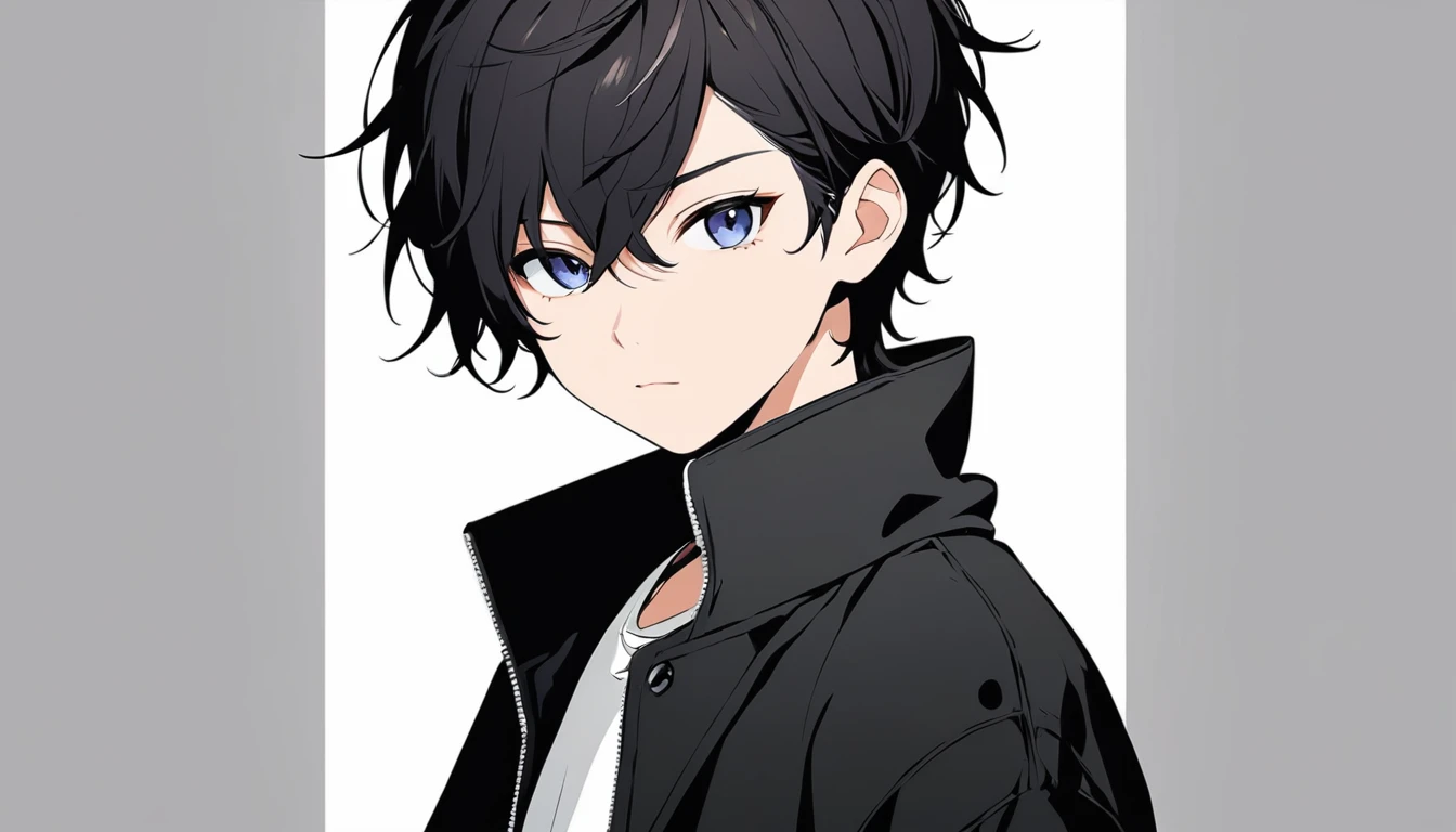 High-resolution anime digital art, Genderless Teenager Male, minimalist black silhouette, clean white background, high resolution, digital art, vector illustration, black and white color palette