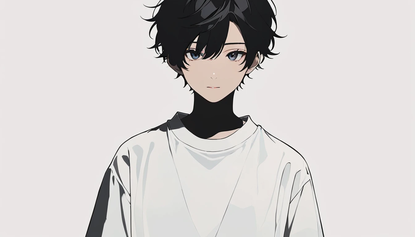High-resolution anime digital art, Genderless ager Male, minimalist black silhouette, clean white background, high resolution, digital art, vector illustration, black and white color palette