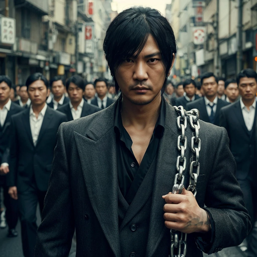 close up image, Yakuza with side bangs, wearing a black coat, holding a chain leading dozens of his men to prepare for battle, they walk through a narrow path on the side of the road. In the city, you can see many yakuza men walking on the street, the background is narrow. street on the edge of town, cinematic, realistic, very detailed